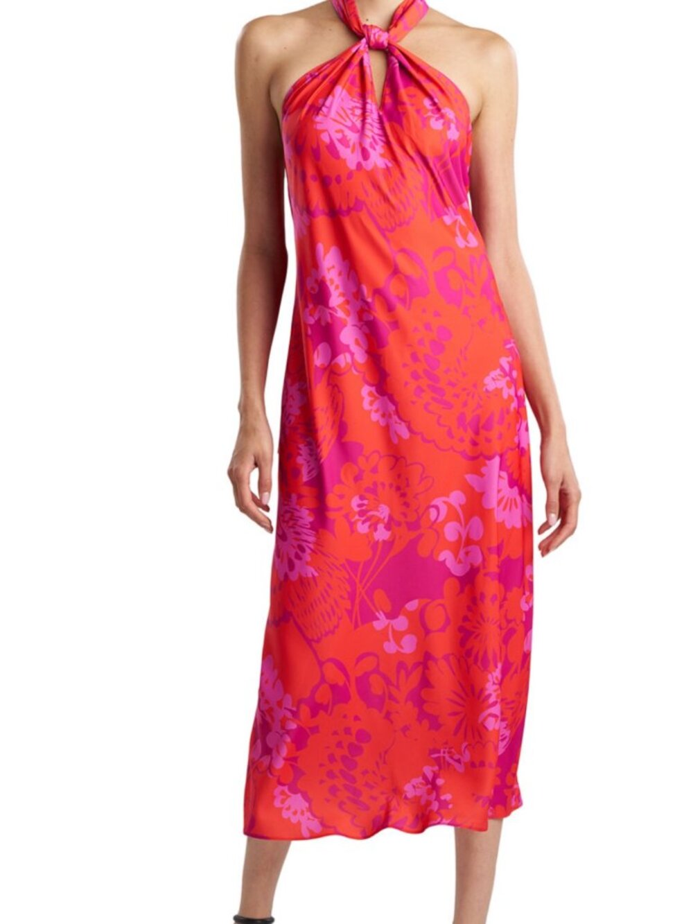 Natori Womens Halter-Neck Midi Dress Fus Bloom Floral Print Red & Pink Size M